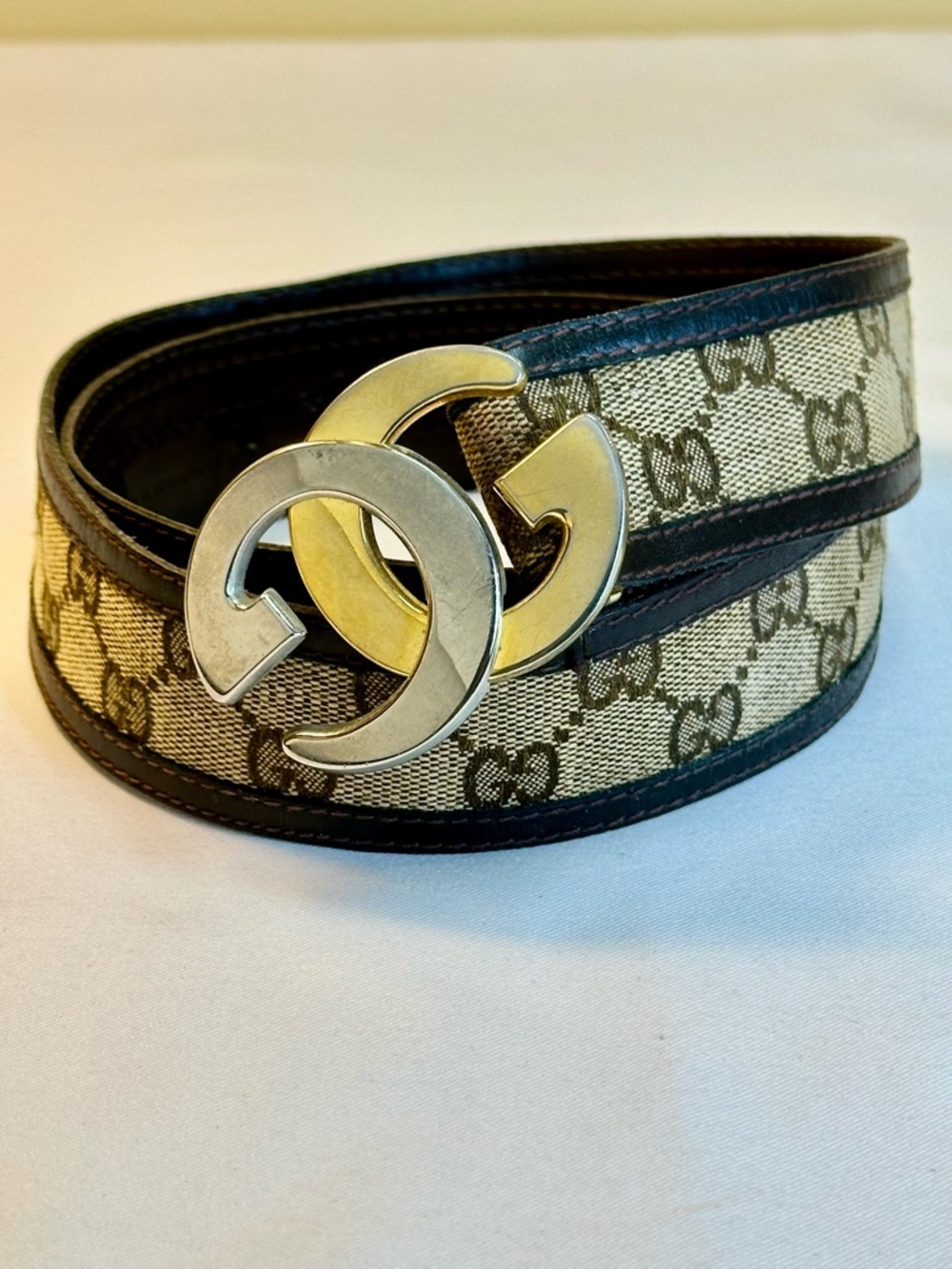 Gucci Beige/Tan Monogram Canvas Belt with Gold & Silver Double G Buckle
